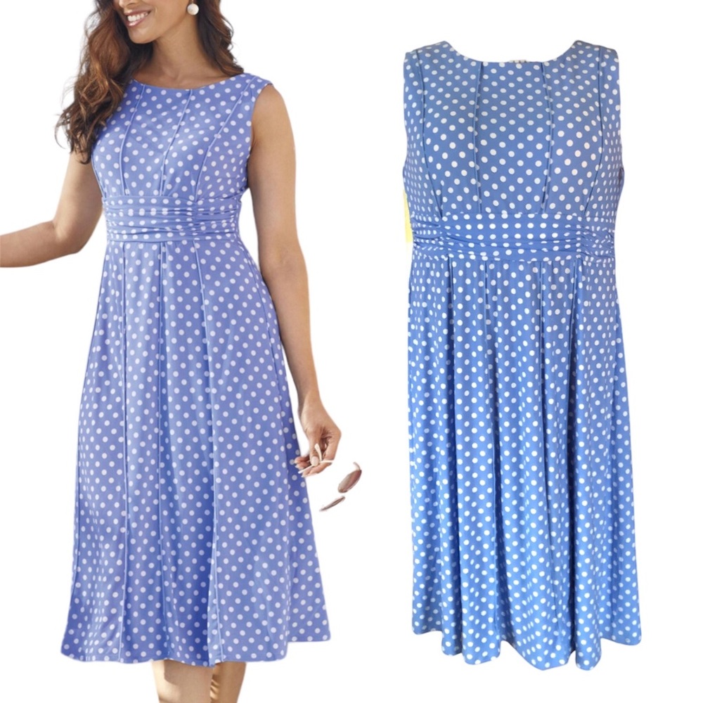 NorthStyle Blue White Polka Dot Ruched Waist Midi Dress Size 20W Flattering Seam